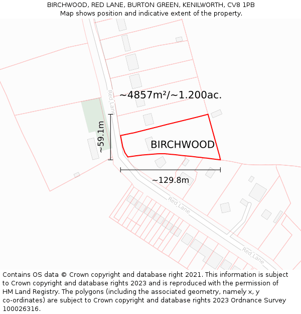 BIRCHWOOD, RED LANE, BURTON GREEN, KENILWORTH, CV8 1PB: Plot and title map