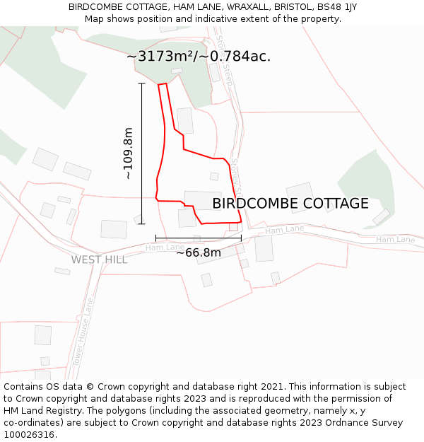 BIRDCOMBE COTTAGE, HAM LANE, WRAXALL, BRISTOL, BS48 1JY: Plot and title map