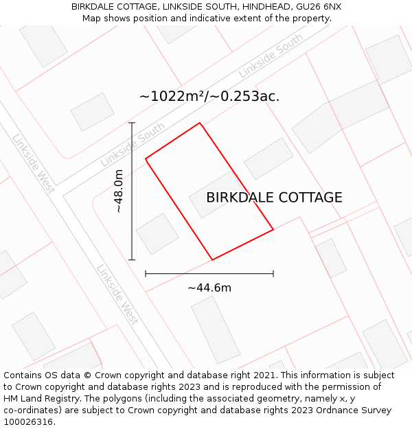 BIRKDALE COTTAGE, LINKSIDE SOUTH, HINDHEAD, GU26 6NX: Plot and title map