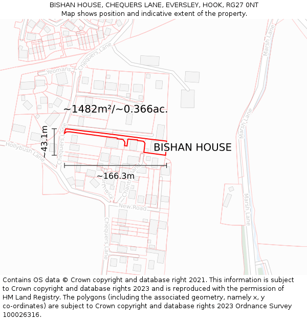 BISHAN HOUSE, CHEQUERS LANE, EVERSLEY, HOOK, RG27 0NT: Plot and title map