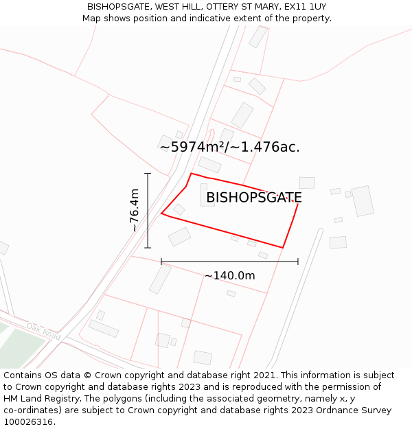 BISHOPSGATE, WEST HILL, OTTERY ST MARY, EX11 1UY: Plot and title map