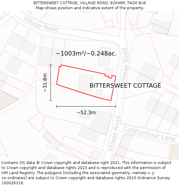 BITTERSWEET COTTAGE, VILLAGE ROAD, EGHAM, TW20 8UE: Plot and title map
