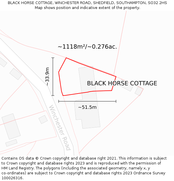 BLACK HORSE COTTAGE, WINCHESTER ROAD, SHEDFIELD, SOUTHAMPTON, SO32 2HS: Plot and title map