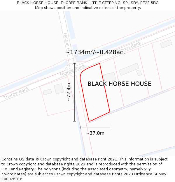 BLACK HORSE HOUSE, THORPE BANK, LITTLE STEEPING, SPILSBY, PE23 5BG: Plot and title map