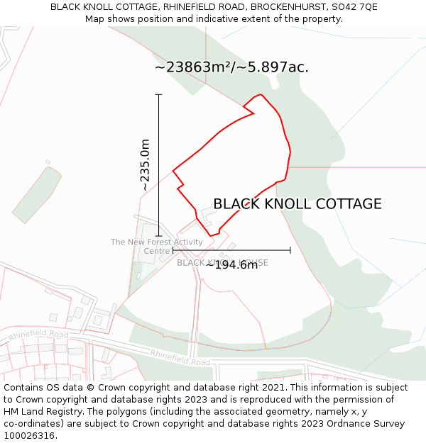 BLACK KNOLL COTTAGE, RHINEFIELD ROAD, BROCKENHURST, SO42 7QE: Plot and title map