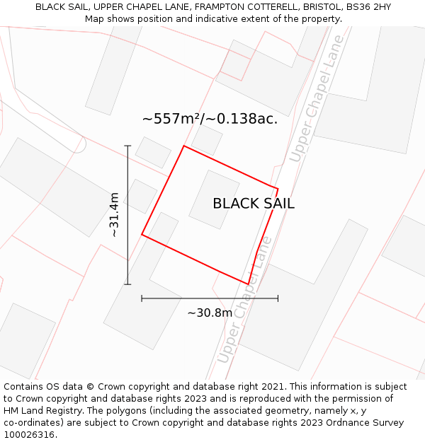 BLACK SAIL, UPPER CHAPEL LANE, FRAMPTON COTTERELL, BRISTOL, BS36 2HY: Plot and title map