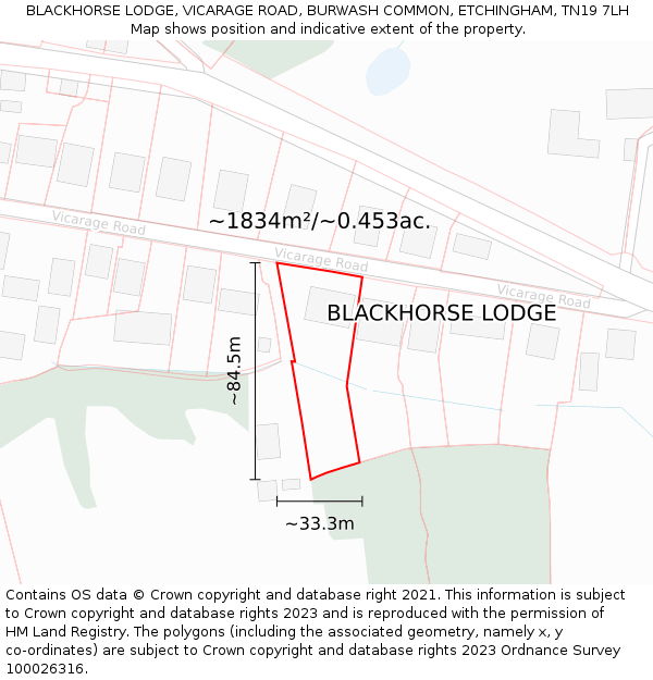 BLACKHORSE LODGE, VICARAGE ROAD, BURWASH COMMON, ETCHINGHAM, TN19 7LH: Plot and title map