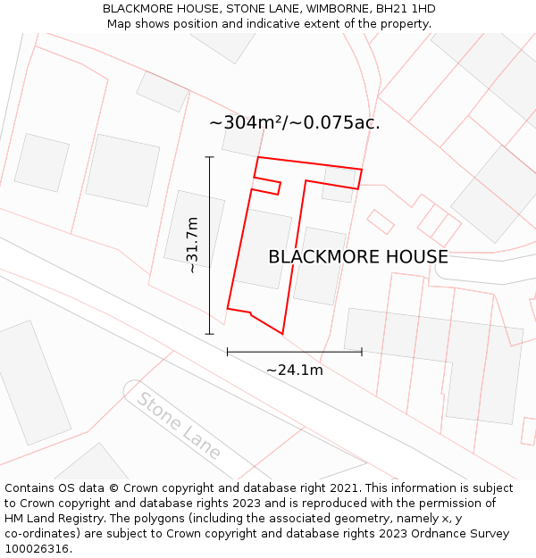 BLACKMORE HOUSE, STONE LANE, WIMBORNE, BH21 1HD: Plot and title map