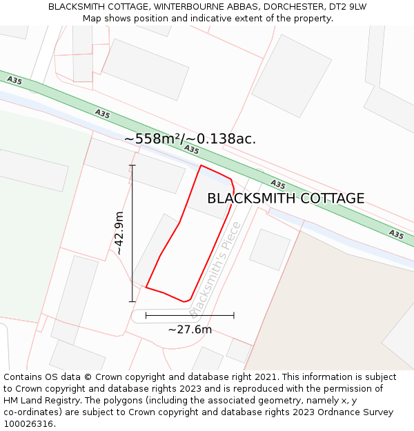 BLACKSMITH COTTAGE, WINTERBOURNE ABBAS, DORCHESTER, DT2 9LW: Plot and title map