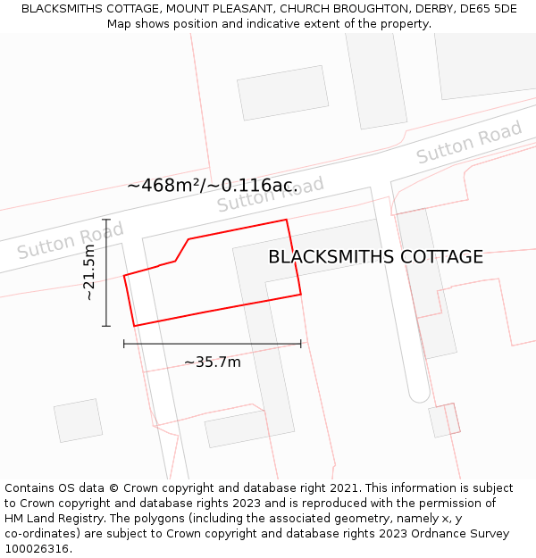 BLACKSMITHS COTTAGE, MOUNT PLEASANT, CHURCH BROUGHTON, DERBY, DE65 5DE: Plot and title map