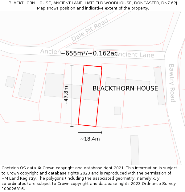 BLACKTHORN HOUSE, ANCIENT LANE, HATFIELD WOODHOUSE, DONCASTER, DN7 6PJ: Plot and title map