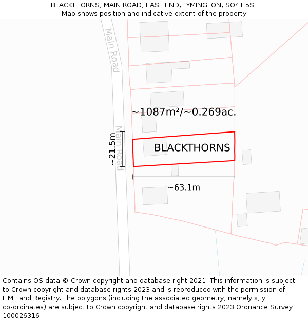 BLACKTHORNS, MAIN ROAD, EAST END, LYMINGTON, SO41 5ST: Plot and title map