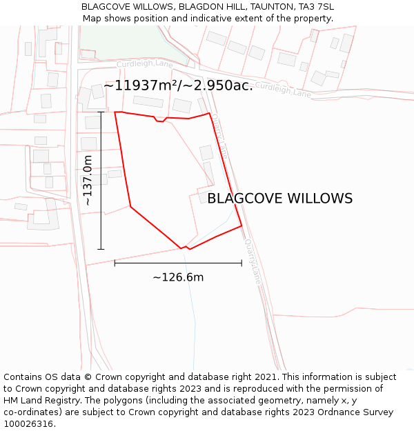 BLAGCOVE WILLOWS, BLAGDON HILL, TAUNTON, TA3 7SL: Plot and title map