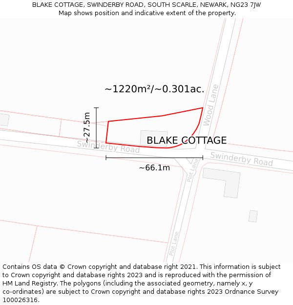 BLAKE COTTAGE, SWINDERBY ROAD, SOUTH SCARLE, NEWARK, NG23 7JW: Plot and title map