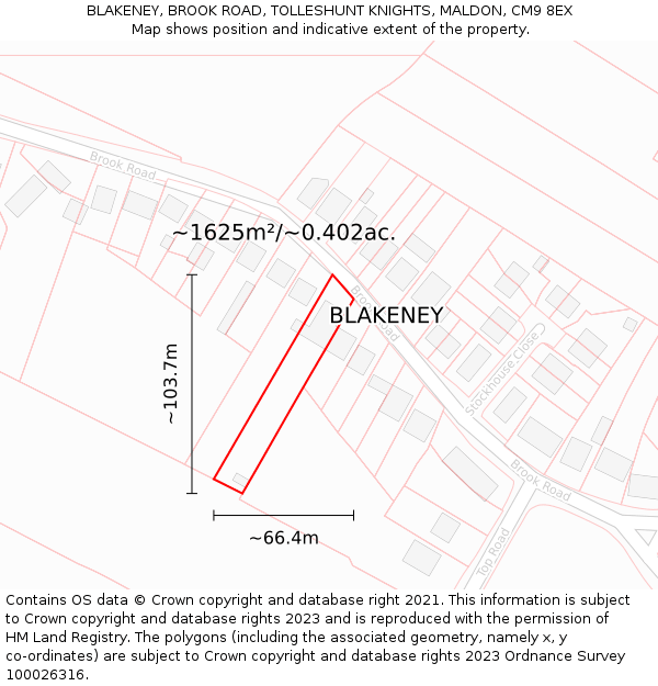 BLAKENEY, BROOK ROAD, TOLLESHUNT KNIGHTS, MALDON, CM9 8EX: Plot and title map