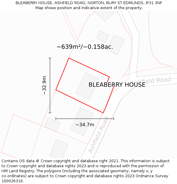 BLEABERRY HOUSE, ASHFIELD ROAD, NORTON, BURY ST EDMUNDS, IP31 3NF: Plot and title map