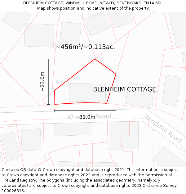 BLENHEIM COTTAGE, WINDMILL ROAD, WEALD, SEVENOAKS, TN14 6PH: Plot and title map