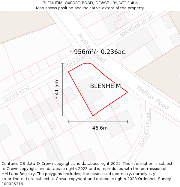 BLENHEIM, OXFORD ROAD, DEWSBURY, WF13 4LN: Plot and title map