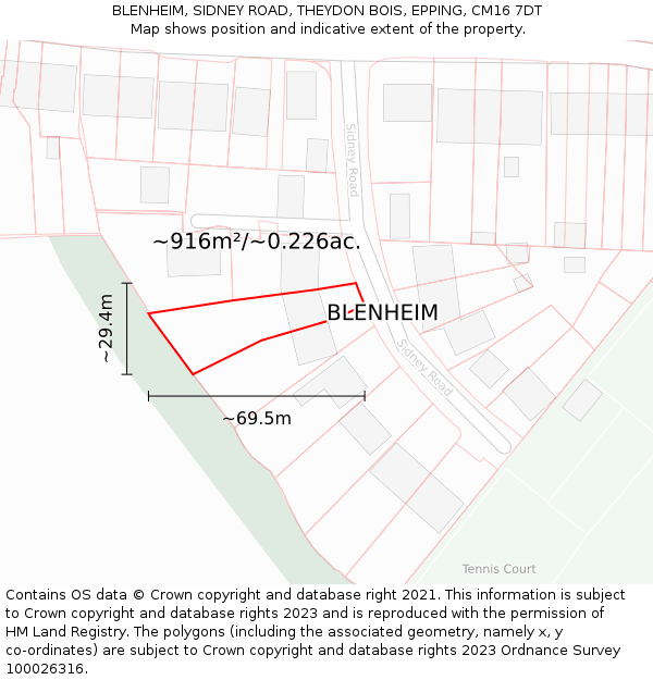 BLENHEIM, SIDNEY ROAD, THEYDON BOIS, EPPING, CM16 7DT: Plot and title map