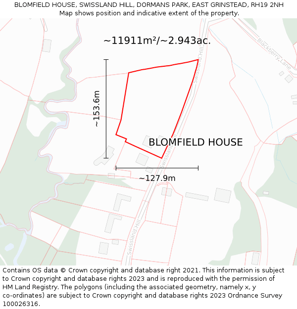 BLOMFIELD HOUSE, SWISSLAND HILL, DORMANS PARK, EAST GRINSTEAD, RH19 2NH: Plot and title map