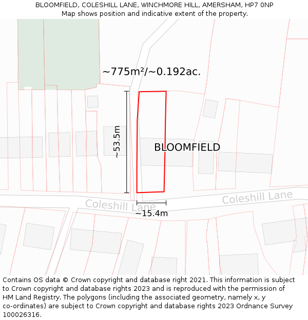 BLOOMFIELD, COLESHILL LANE, WINCHMORE HILL, AMERSHAM, HP7 0NP: Plot and title map