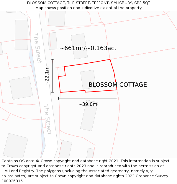 BLOSSOM COTTAGE, THE STREET, TEFFONT, SALISBURY, SP3 5QT: Plot and title map