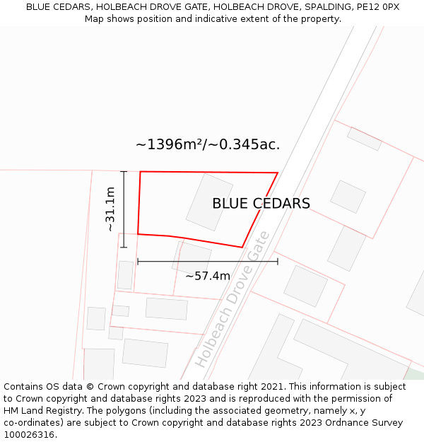 BLUE CEDARS, HOLBEACH DROVE GATE, HOLBEACH DROVE, SPALDING, PE12 0PX: Plot and title map