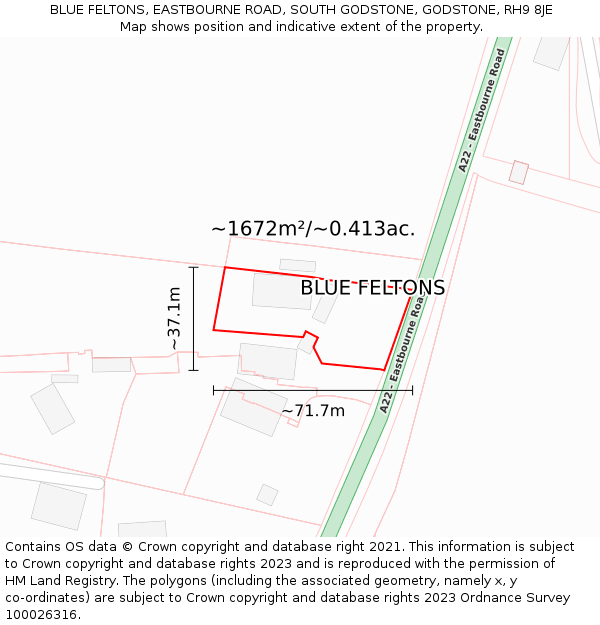 BLUE FELTONS, EASTBOURNE ROAD, SOUTH GODSTONE, GODSTONE, RH9 8JE: Plot and title map