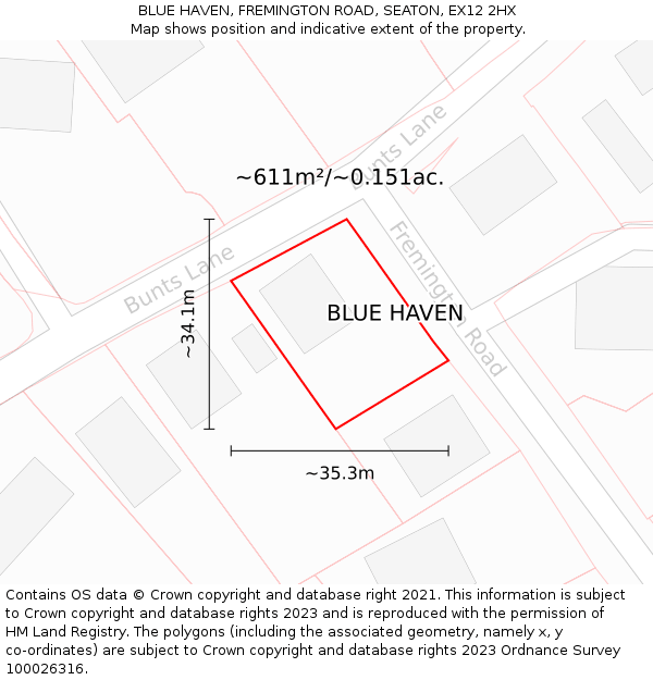 BLUE HAVEN, FREMINGTON ROAD, SEATON, EX12 2HX: Plot and title map