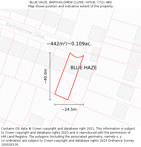 BLUE HAZE, BARTHOLOMEW CLOSE, HYTHE, CT21 4BS: Plot and title map