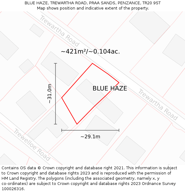 BLUE HAZE, TREWARTHA ROAD, PRAA SANDS, PENZANCE, TR20 9ST: Plot and title map