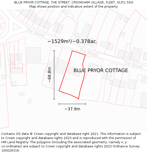 BLUE PRYOR COTTAGE, THE STREET, CROOKHAM VILLAGE, FLEET, GU51 5SG: Plot and title map
