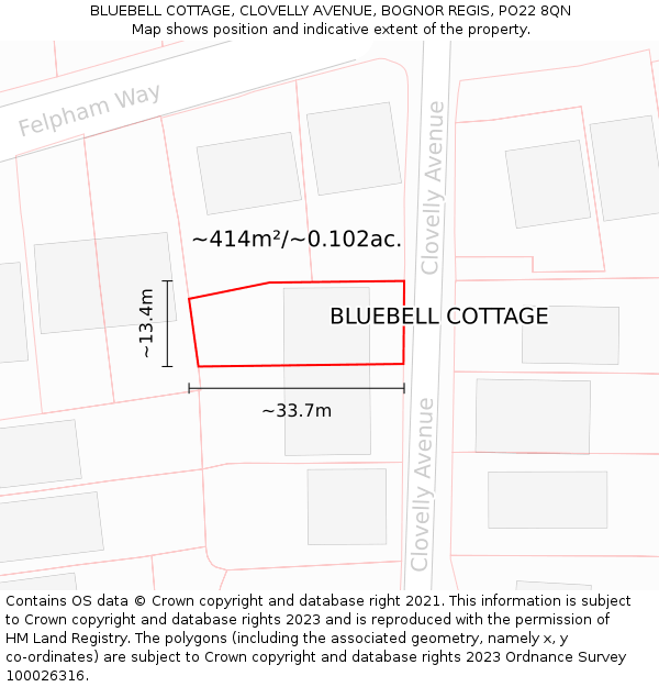 BLUEBELL COTTAGE, CLOVELLY AVENUE, BOGNOR REGIS, PO22 8QN: Plot and title map