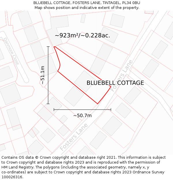 BLUEBELL COTTAGE, FOSTERS LANE, TINTAGEL, PL34 0BU: Plot and title map