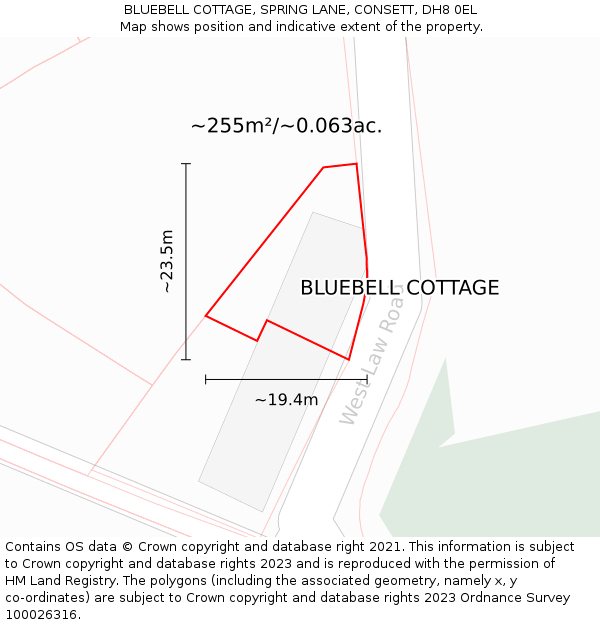 BLUEBELL COTTAGE, SPRING LANE, CONSETT, DH8 0EL: Plot and title map