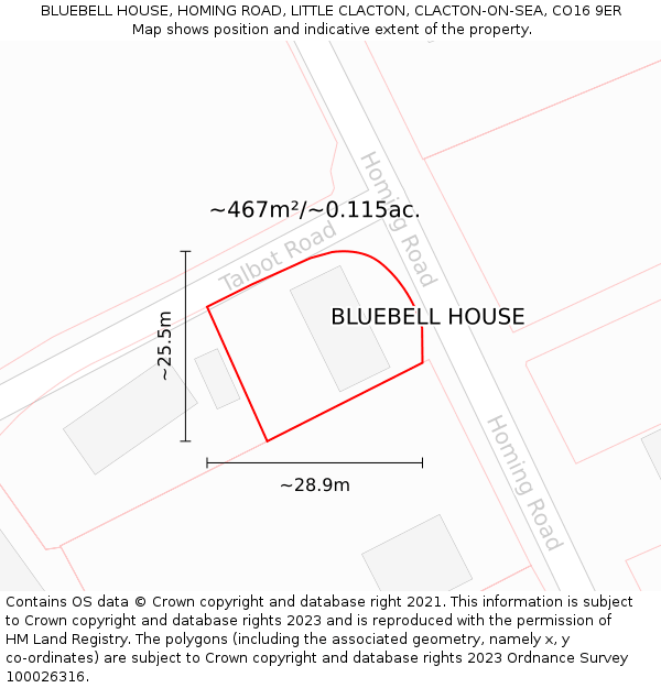 BLUEBELL HOUSE, HOMING ROAD, LITTLE CLACTON, CLACTON-ON-SEA, CO16 9ER: Plot and title map