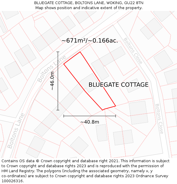 BLUEGATE COTTAGE, BOLTONS LANE, WOKING, GU22 8TN: Plot and title map