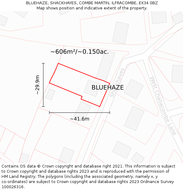 BLUEHAZE, SHACKHAYES, COMBE MARTIN, ILFRACOMBE, EX34 0BZ: Plot and title map