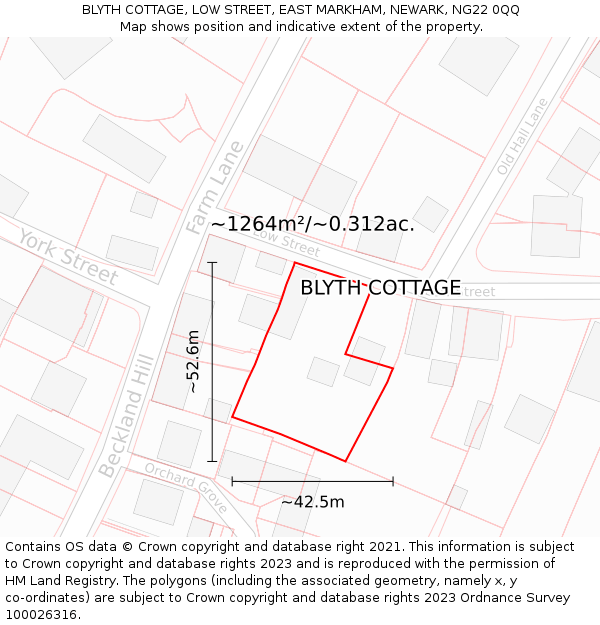 BLYTH COTTAGE, LOW STREET, EAST MARKHAM, NEWARK, NG22 0QQ: Plot and title map
