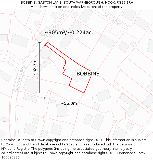 BOBBINS, GASTON LANE, SOUTH WARNBOROUGH, HOOK, RG29 1RH: Plot and title map