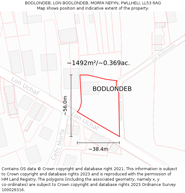 BODLONDEB, LON BODLONDEB, MORFA NEFYN, PWLLHELI, LL53 6AG: Plot and title map