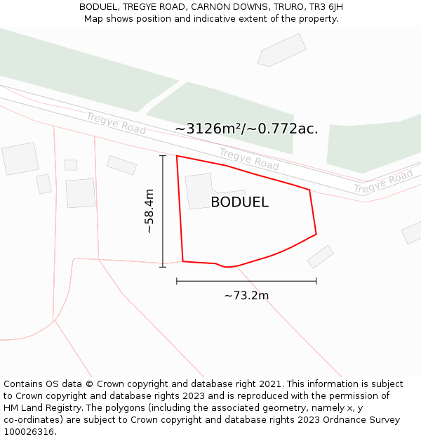 BODUEL, TREGYE ROAD, CARNON DOWNS, TRURO, TR3 6JH: Plot and title map