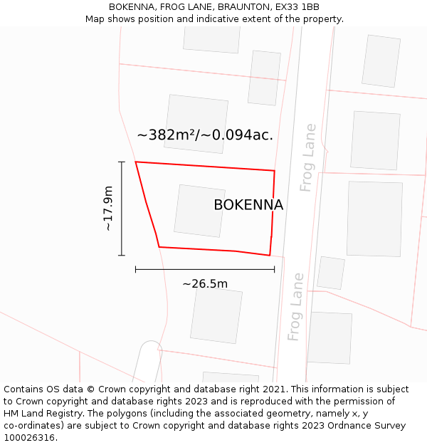 BOKENNA, FROG LANE, BRAUNTON, EX33 1BB: Plot and title map