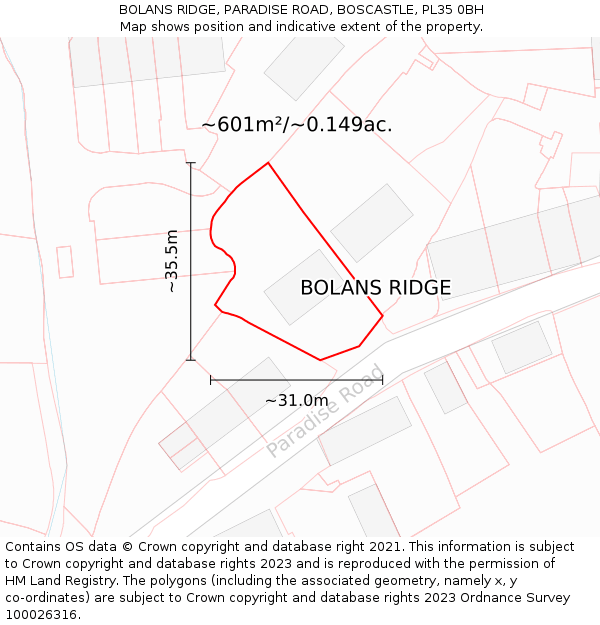 BOLANS RIDGE, PARADISE ROAD, BOSCASTLE, PL35 0BH: Plot and title map