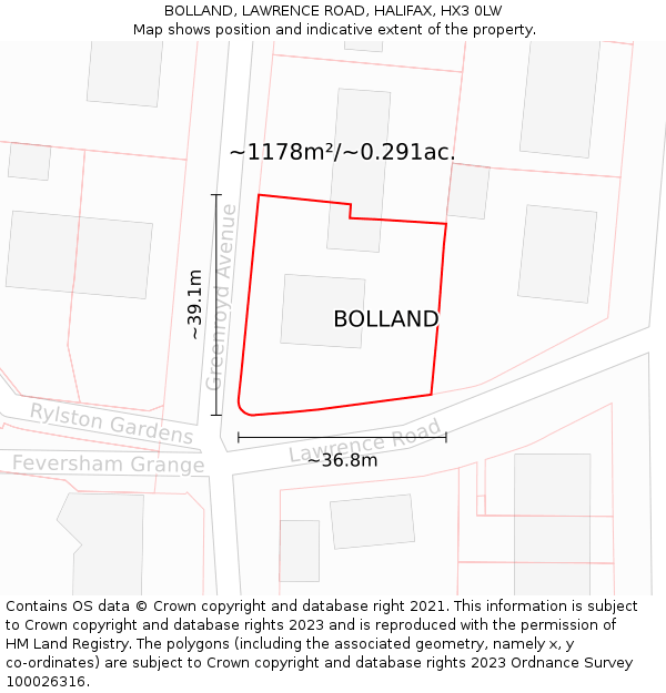 BOLLAND, LAWRENCE ROAD, HALIFAX, HX3 0LW: Plot and title map