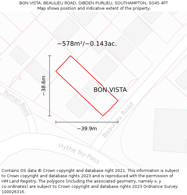 BON VISTA, BEAULIEU ROAD, DIBDEN PURLIEU, SOUTHAMPTON, SO45 4PT: Plot and title map