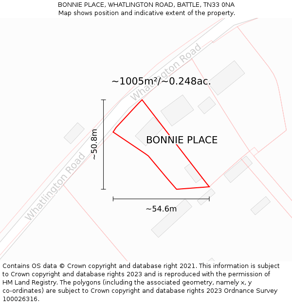 BONNIE PLACE, WHATLINGTON ROAD, BATTLE, TN33 0NA: Plot and title map