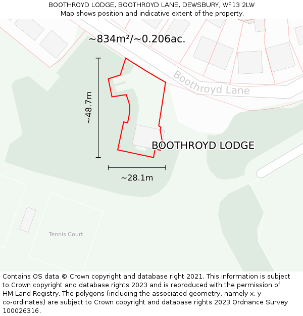 BOOTHROYD LODGE, BOOTHROYD LANE, DEWSBURY, WF13 2LW: Plot and title map