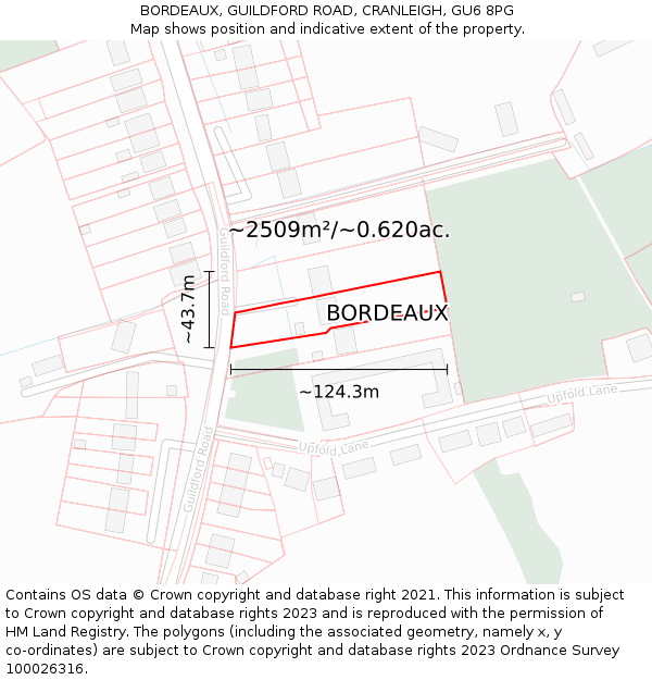 BORDEAUX, GUILDFORD ROAD, CRANLEIGH, GU6 8PG: Plot and title map