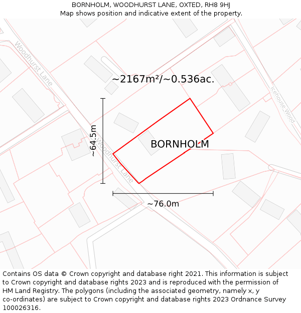 BORNHOLM, WOODHURST LANE, OXTED, RH8 9HJ: Plot and title map